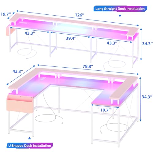 U Shaped Desk with Power Outlet & LED Lights, 79" Reversible Computer Desk with Monitor Stand, Wood Home Office Desks Gaming Desk with Shelving, Side Storage Pockets, Pink - color: Pink