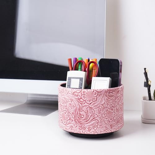 lizimandu Round Leather Art Supply Organizer,Remote Control Holder,360 Degree Spinning,Multi-Functional Pencil Holder,4 Compartments Desktop Stationary Organizer(1-Carved Pink) - color: 1-Carved Pink
