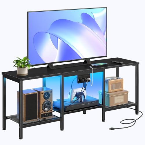 HOOBRO TV Stand with Charging Station to 55 Inches, LED Entertainment Center, Media TV Console Table with Open Storage Shelving for Living Room, Bedroom, Black BB122UDDS01 - color: Black
