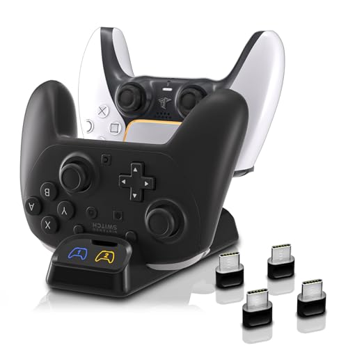 Controller Charger Dock for Switch 2 Pro, Nintendo Switch Pro, PS5 & Xbox Series X/S – Dual Fast Charging Station with LED Indicator, Type-C Adapter, Compact Stand