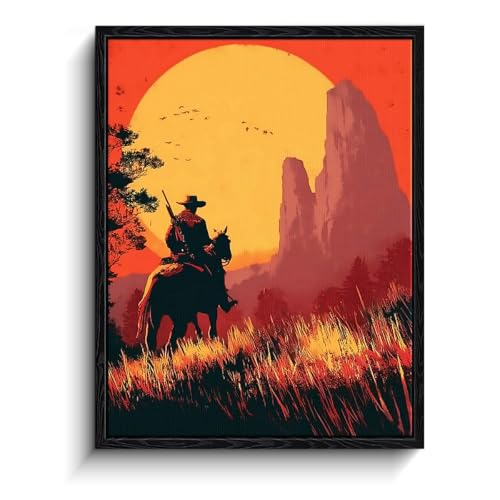 WOXZQ Western Cowboy Canvas Wall Art Cowboy Rider Matte Finish Framed Print Red Sunset Silhouette Poster Rustic Southwestern Wall Decor for gaming room gamer gift Red Dead Redemption Merch 12x16 inch - color: Lone Rider’s Path 2