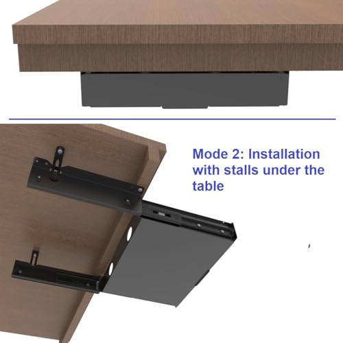 Under Desk Mounted Slide out Drawer, W 13.4" x D 9.3" Storage Organizer with Cable Management，Pull Out Add-On Storage for Office & Standing Desks with High Crossbar, Metal, Black (Medium)