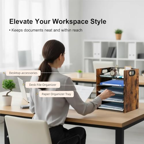 Desk Organizer - 5-Tier Desktop File Organizer, Wooden Paper Tray Organizer, Office Desk Organzier and Accessories for Papers, Mail, Notebooks, Stationery - size: 5 Tier