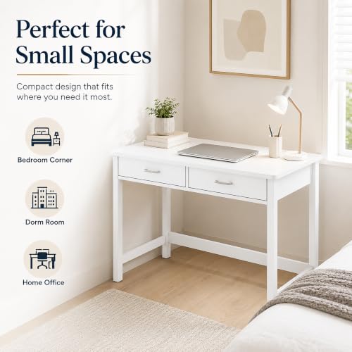 4NM 39.4" Small Desk with Wood Drawers, Home Office Computer Desk with Wooden Legs, Study Writing Table Vanity Desk for Small Spaces - White - color: White