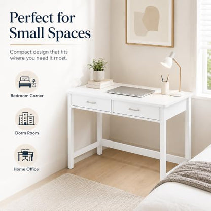 4NM 39.4" Small Desk with Wood Drawers, Home Office Computer Desk with Wooden Legs, Study Writing Table Vanity Desk for Small Spaces - White - color: White