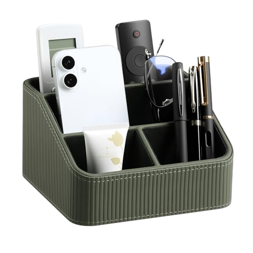 Remote Control Holder with 4 Compartments, PU Leather Small Nightstand Organizer for Home Desk Accessories Office Supplies, Multifunctional Stylish Small Bedside Desktop Organizers (Green) - color: Green