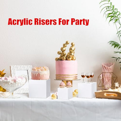 Clisela 3pcs Acrylic Cube Display Stands Box Risers White 3" 4" 5" | Food Risers for Buffet Table w/Hollow Bottoms, Decorative Display Stand Shelf for Dessert Collectibles Jewelry Figures Show - size: (3,4,5)"- White