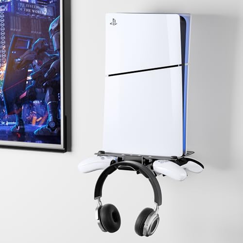 ZHGM Foldable Wall Mount Kit for PS5 Slim/Pro/PS5 Original, Metal Shelf Wall Mount for Playstation 5 Console Disc/Digital with 2 Controller Holder & 1 Headset Hanger, Saving Space PS5 Mount, Black - color: Folding Black