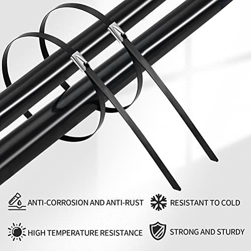 Metal Zip Ties black 100pcs 11.8 inch 304Stainless steel Epoxy Coated Cable Tie Multi-purpose Self-locking Cable Ties used for machinery, vehicles, farms, cables, pipesas well as Outdoor binding