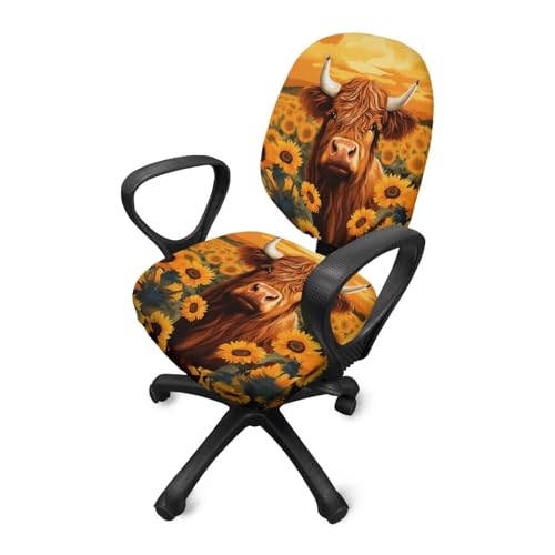 Highland Cow Office Chair Covers Stretchable Desk Accessories Universal Split Rotating Swivel Chair Slipcover Protector Computer Office Chair Seat Cover 2 Piece Office Gifts for Women Men - color: Highland Cow