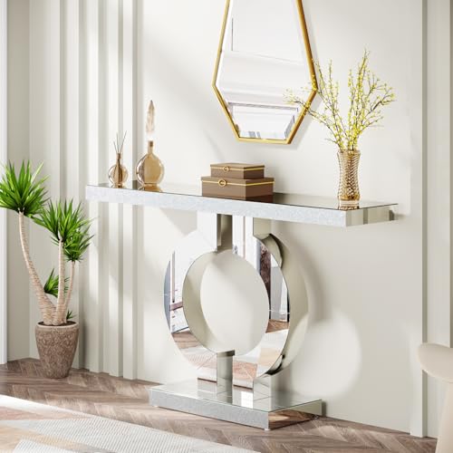 Tribesigns 43" Silver Entryway Table with O-Shaped Base, Modern Rectangle Mirrored Sofa Console Table for Living Room, Hallway, Entrance (Silver) - color: Silver