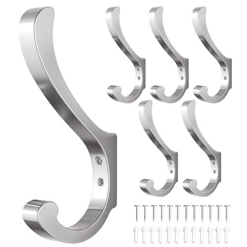 Coat Hooks Wall Mount for Hanging - Large Heavy Duty Backpack Hooks for Wall, Hold up to 30 lbs, Big Hanger Hooks for Towels, Purses, Clothes, Mudroom, Bathroom, Door, Silver, 4 Pack - color: Silver, size: 6 Pack