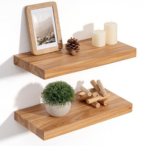 Floating Shelves for Wall, 8" Deep Rustic Solid Elm Wood Floating Shelves Wall Mounted, Wall Shelves with Invisible Bracket for Living Room Bedroom Bathroom Kitchen, 15.7 Inch Set of 2, Natural - color: Natural, size: Flat Edge, 15.7"L, 2Packs