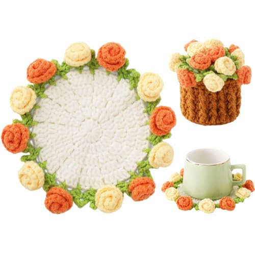 Flower Crochet Coasters, Handmade Bouquet Blanket Coaster with Crochet Plant Pot Fun Soft Decorative Drink Coasters for Coffee Tabletop Protection and Home Decor (Orange and Yellow, 1Pc) - color: Orange and Yellow, size: 1Pc