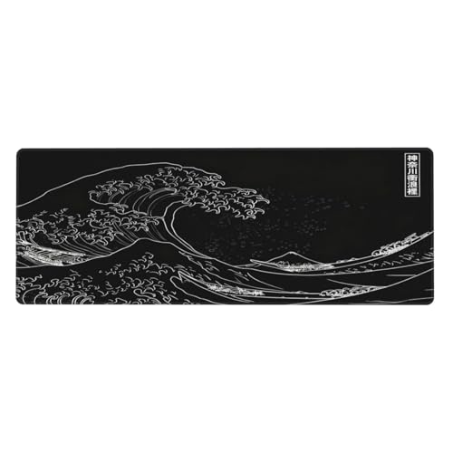 Japanese Gaming Mouse Pad Black Mouse Pad Kanagawa Large Mousepad Non-Slip Rubber Base Waterproof with Stitched Edges for Gaming Office Home, 31.5x11.8x0.12 Inch (Black Wave) - color: Kanagawa Wave, size: 31.5Lx11.8W inches