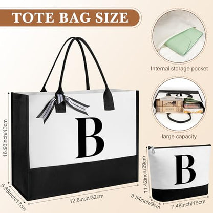 Aliceset Initial Gifts for Women Monogram Canvas Tote Bag and Makeup with Zipper and Initial Glass Coffee Cup Gifts for Her - style: Letter B
