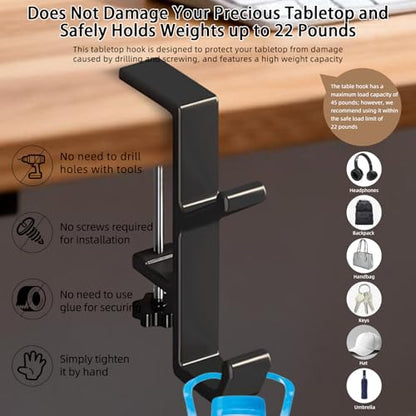 Desk Mount Bag Holder Hook Clamp,On Backpack Hanger Portable Desk Mount Headphones Holder for Reduce Desk Clutter Table Desk Table Hanging Storage (1 Pcs-Double Hook Black) - color: 1 Pcs-Double Hook Black