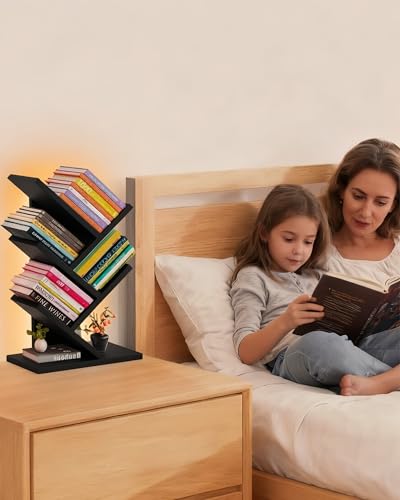 Godferyxin Bookshelf with Liting,Small Bookshelf LED and Desktop Book Shelf Light for Office, Home or School Mini Bookcase for Wood Displaying Books, CDs, Magazines Wood Shelf Rack - color: 5tier-bookshelf Liting Black