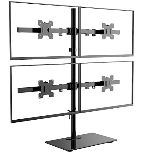 WALI Freestanding Quad Monitor Mount for 17-27 Inch Screens, Fully Adjustable 4 Monitor Stand with Swivel, Tilt, Rotation, Glass Base, Max Load 22 lbs per Arm (GMF004), Black - size: Quad, style: Glass Free Stand