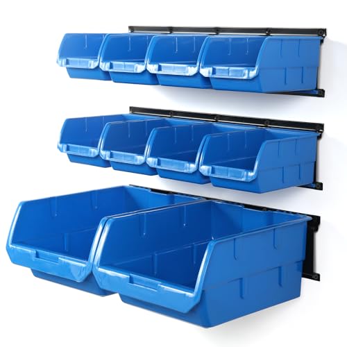Wallmaster Wall Mounted Storage Bins, Wall Storage Bins Parts Rack 10 Bins&3 Rails Wall Mount Tool Organizer Hardware Storage Organizer (Blue) - color: Blue, size: 10Bins+3Rails