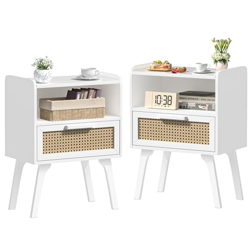 Lerliuo Rattan Nightstands Set of 2, Bedside Table with Drawer Open Shelf, Cane Accent Side End Table with Solid Wood Legs, White Mid Century Night Stand for Bedroom, Dorm and Small Spaces - color: White With Natural, size: 2 pack