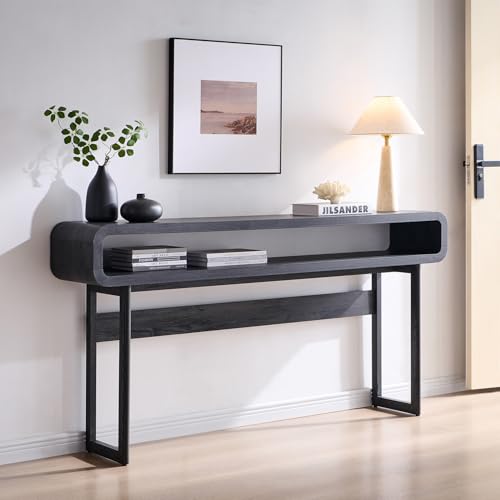 IFGET 63-Inch Long Console Table, 31.5" Tall Modern Entryway Table with Open Storage Shelf, Curved Profile Design, Narrow Wood Sofa Table Behind Couch Table for Living Room, Hallway, Foyer, Dark Grey - color: Dark Grey