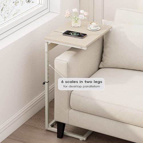 Vagusicc C Shaped End Table with Charging Station, Adjustable Height Side Table for Couch, Small Side Table, 33.2'' Tall Couch Tables that Slide Under, Tv Tray End Table for Living Room, Beige - color: Beige (1 Pack), style: With Plug