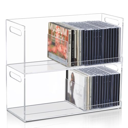 CroBlissful 2 Pcs Acrylic Cd Storage Box, Clear Acrylic Stackable Cd Holder Racks with Cutout Carrying Handles, Organizer Shelf for Media, Movie Cases, Dvds Organizer