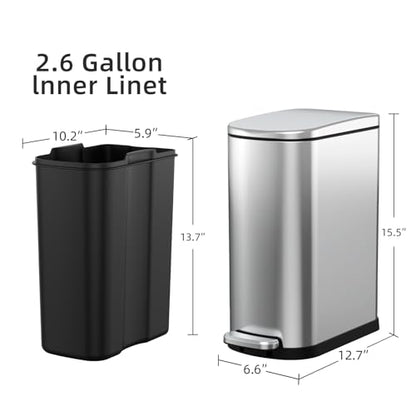 KUK Slim Bathroom Trash Can with Lid, 2.6 Gallon (10 L) Stainless Steel Step Small Garbage Can with Removable Inner Bucket, Soft Close, Anti-Fingerprint Finish (Silver) - color: Silver