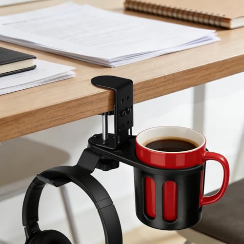 MYITYARD Desk Cup Holder Clamp, 2 in 1 Anti-Spill Clip On Table Cup Holder with Headphone Hanger, Rotatable Water Bottle Stand Drink Coffee Mug Storage, Office Accessories for Home and School - color: Black-1 with Headphone Hanger