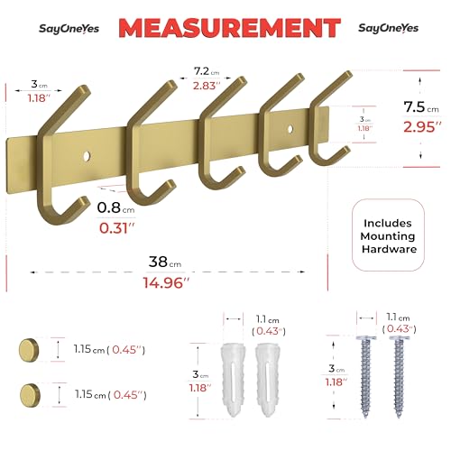 Brushed Gold Wall Mounted Coat Rack – 15 Inch Stainless Steel Rail with 5 Double Coat Hooks for Entryway, Bathroom, Bedroom, Kitchen – Modern Gold Hook Rack for Coats, Hats, Towels - color: Gold, size: 5 Hooks - 1 Pack