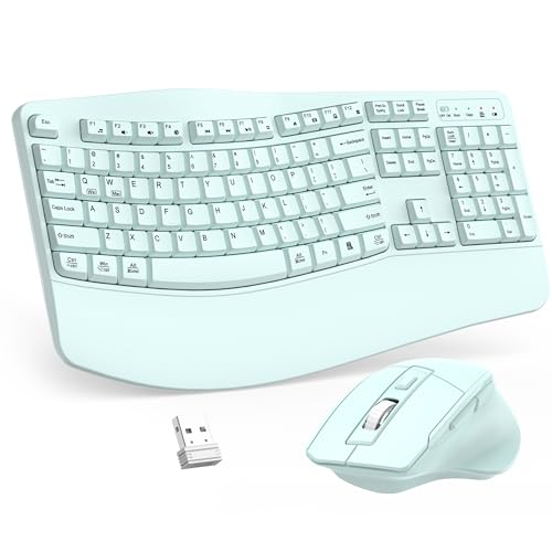 Wireless Keyboard and Mouse Combo, 2.4G Full Size Wave Keys Ergonomic Keyboard with Wrist Rest and 3-Level DPI Adjustable Wireless Ergonomic Mouse for Windows, Mac OS Desktop/Laptop/PC(Mint Green) - color: Mint green