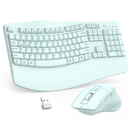 Wireless Keyboard and Mouse Combo, 2.4G Full Size Wave Keys Ergonomic Keyboard with Wrist Rest and 3-Level DPI Adjustable Wireless Ergonomic Mouse for Windows, Mac OS Desktop/Laptop/PC(Mint Green) - color: Mint green