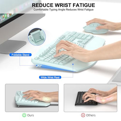 Wireless Keyboard and Mouse Combo, 2.4G Full Size Wave Keys Ergonomic Keyboard with Wrist Rest and 3-Level DPI Adjustable Wireless Ergonomic Mouse for Windows, Mac OS Desktop/Laptop/PC(Mint Green) - color: Mint green
