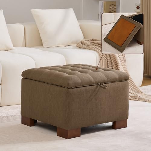 WUTUTUEE 24" Fabric Square Storage Ottoman with Wooden Tray, Modern Tufted Button Footstool Coffee Table, Upholstered Small Ottoman for Living Room, Bedroom, Brown - color: Brown, size: 24 Inch