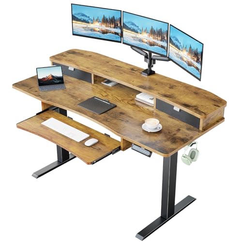 HUANUO 55" x 26" Electric Standing Desk with 2 Drawers & 26.7" Large Keyboard Tray, C-Clamp Mount Compatible, Adjustable Computer Desk for Home Office, Stand Up Desk with 4 Height Presets, Vintage - color: Vintage Brown, size: 55" x 26"