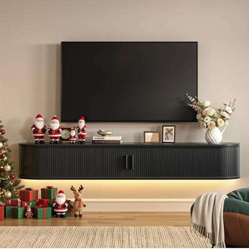 71" Floating TV Stand with Power Outlet for TVs up to 80", Fluted Entertainment Center with Remote Control for LED Lights, Mid-Century Modern TV Console w/Sliding Door for Living Room, Bedroom Black - color: Black, size: 71IN