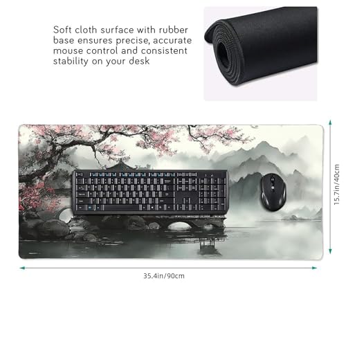 Extra Large Mouse Pad, Chinese Ink Wash Painting Design, 35.4x15.7 Inches, Gaming Keyboard Pad with Stitched Edges and Anti-Slip Rubber Base Plum Blossom - color: Ink plum blossoms