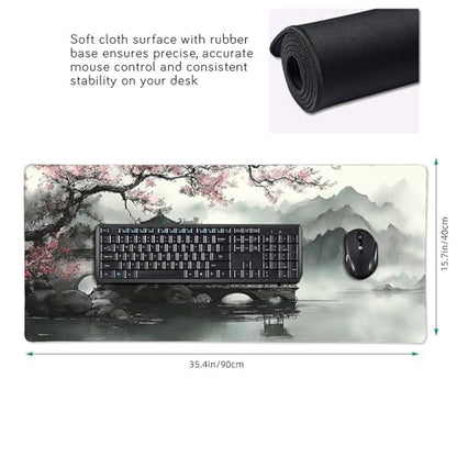 Extra Large Mouse Pad, Chinese Ink Wash Painting Design, 35.4x15.7 Inches, Gaming Keyboard Pad with Stitched Edges and Anti-Slip Rubber Base Plum Blossom - color: Ink plum blossoms
