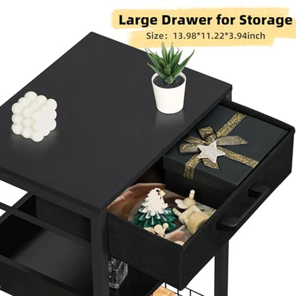 Lerliuo Pure Black Printer Table with Fabric Drawer,3 Tier Industrial Wood Printer Stand with Storage Shelf,Modern Tall End Table,Nightstand,Bed Side Tables for Scanner Fax Home Office Small Spaces - color: Pure Black