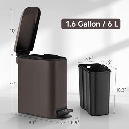 TIPGO Slim Bathroom Trash Can with Lid Soft Close, Step Pedal, 6 Liter / 1.6 Gallon Stainless Steel Trash Bin, Small Garbage Cans for Bedroom, Office, Kitchen (Brown) - color: Brown