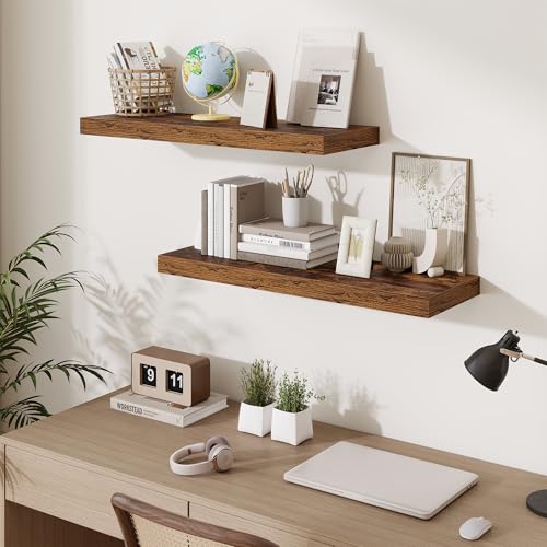 Fun Memories Floating Shelves for Wall, 32 Inch Long Floating Shelves Set of 2, 32 x 10 Wooden Shelves for Wall, Large Storage Shelves, Hanging Shelves for Bathroom Kitchen Bedroom, Rustic Brown - color: Brown Color, size: 32W x 10D x 1.5H