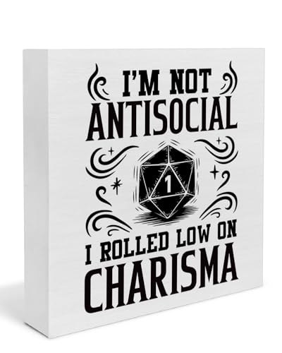 Funny DnD Dice Gifts for RPG Gamers Fans, Dungeons and Dragons Gift Ideas, I Rolled Low on Charisma Dice Playroom Home Wooden Box Sign Decor - color: DnD