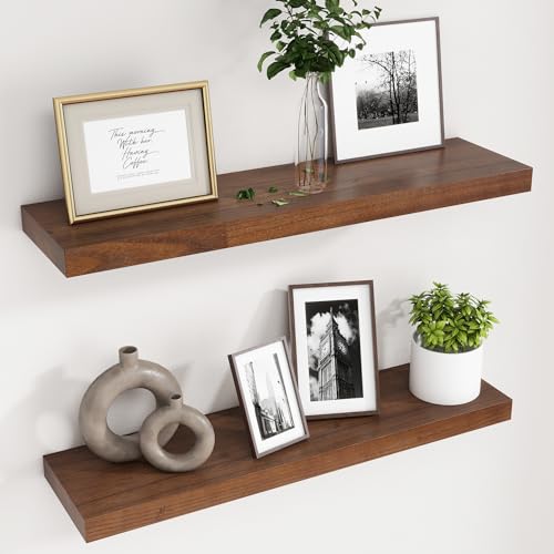 fuqing 30 Inch Floating Shelves for Wall Set of 2, Rustic Wood Wall Shelves for Living Room Bedroom Bathroom Home Office - Walnut - color: Walnut, size: 30 Inch