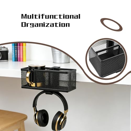 Multifunctional Clamp On Cup Holder & Desk Organizer, Space-Saving Desk Cup Holder with Headphone Hook for Office, Home - Holds Drinks, Phone, Stationery