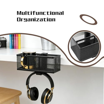 Multifunctional Clamp On Cup Holder & Desk Organizer, Space-Saving Desk Cup Holder with Headphone Hook for Office, Home - Holds Drinks, Phone, Stationery