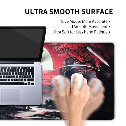 Black Red Japanese Gaming Mouse Pad XL Moon Sakura Cherry Blossom Extended Big Large Desk Mat Non-Slip Rubber Base Stitched Edge Long Keyboard Mousepad for PC Computer Laptop,31.5×11.8 in - color: Red Japanese Sakura, size: X-Large