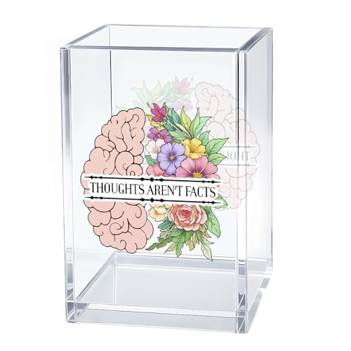 Thoughts Aren't Facts Acrylic Cosmetic Organizer Pen Holder, CBT Cognitive Behavioral Desk Storage Holder for Pen, Mental Health Recovery Gifts for Coworker, Therapy Office Gifts for Leader - color: Transparent06