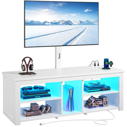 TV Stand with Mount for 55/65/70 Inch TVs Wood TV Stands for Living Room with Power Outlet & LED Lights Entertainment Center Gaming Console for Bedroom, Height Adjustable Swivel TV Mount, White - color: White