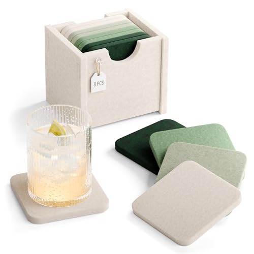 Fluxynara Felt Coasters for Drinks, Set of 8 Absorbent Coasters with Holder, Heat-Resistant & Reusable Square Design for Coffee Table & Living Room, 3.94 Inch, Sagewood - color: Sagewood, size: Square - 8 Count